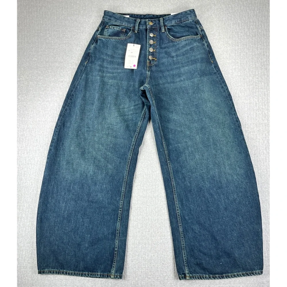 New Zara baggy balloon wide leg Jeans Women 31 Blue High Rise Button Fly Denim - Picture 1 of 15